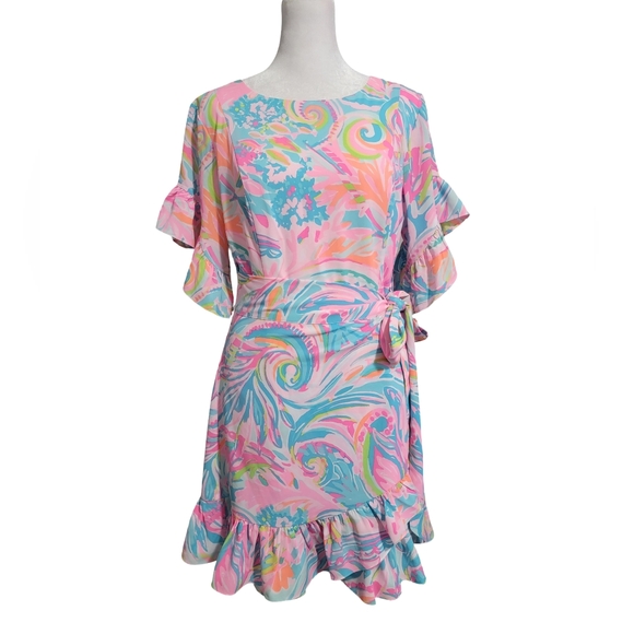 Lilly Pulitzer Darlah Size 4 Vibrant Pastel Pink Blue Swirl Mini Ruffled Dress - Picture 1 of 12